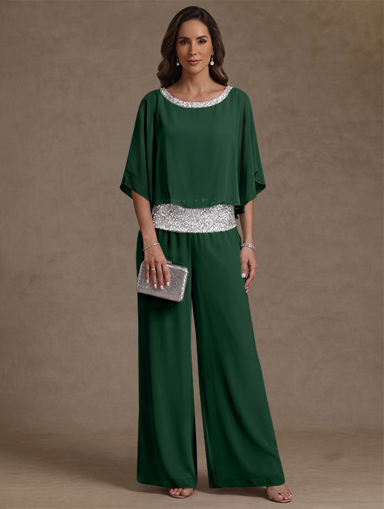 2 Pieces Chiffon Scoop Mother of the Bride Pantsuits Floor-Length Sequins 3/4 Sleeves