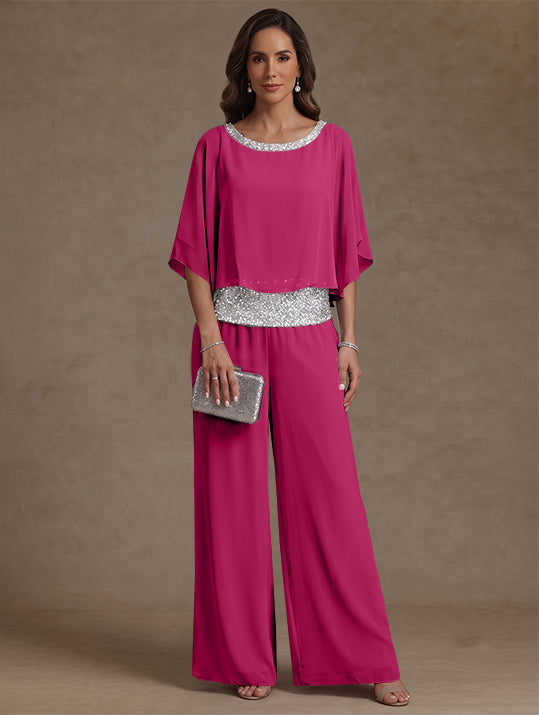 2 Pieces Chiffon Scoop Mother of the Bride Pantsuits Floor-Length Sequins 3/4 Sleeves