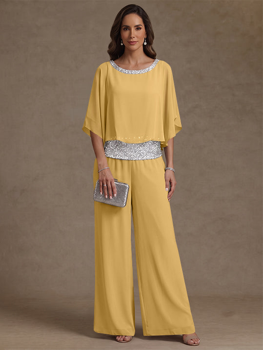 2 Pieces Chiffon Scoop Mother of the Bride Pantsuits Floor-Length Sequins 3/4 Sleeves