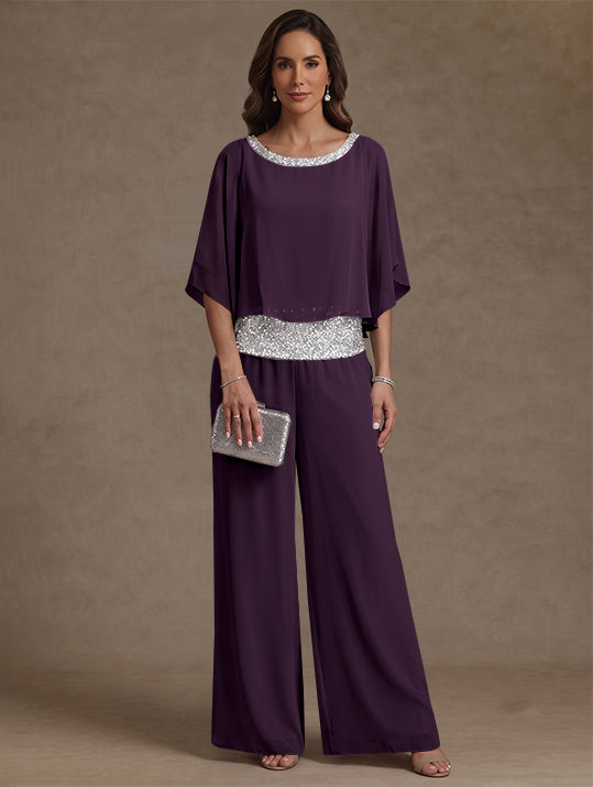 2 Pieces Chiffon Scoop Mother of the Bride Pantsuits Floor-Length Sequins 3/4 Sleeves