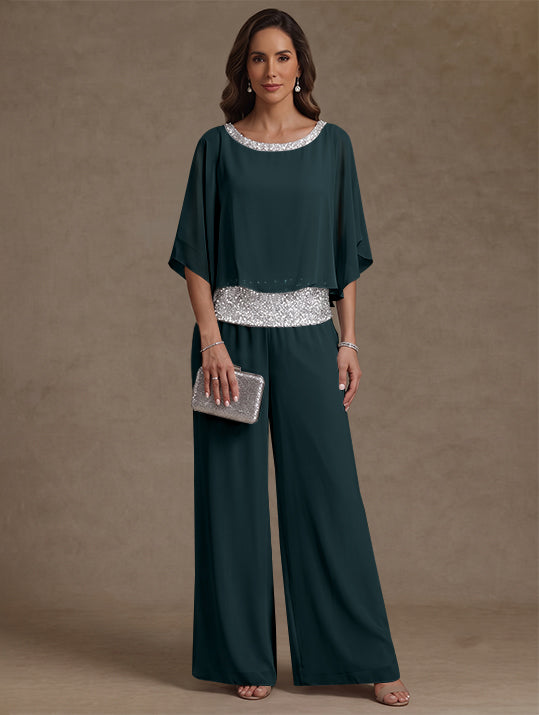 2 Pieces Chiffon Scoop Mother of the Bride Pantsuits Floor-Length Sequins 3/4 Sleeves
