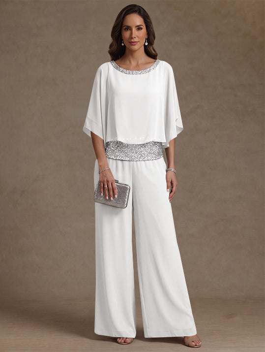 2 Pieces Chiffon Scoop Mother of the Bride Pantsuits Floor-Length Sequins 3/4 Sleeves