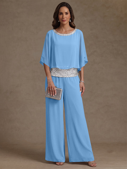 2 Pieces Chiffon Scoop Mother of the Bride Pantsuits Floor-Length Sequins 3/4 Sleeves