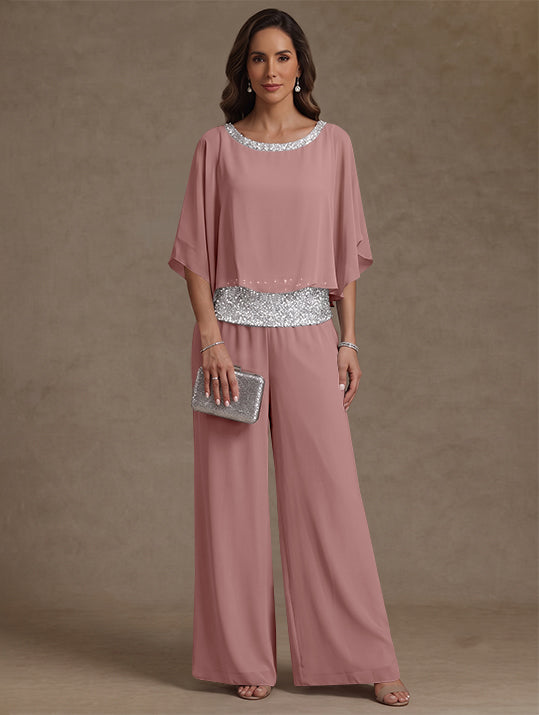 2 Pieces Chiffon Scoop Mother of the Bride Pantsuits Floor-Length Sequins 3/4 Sleeves