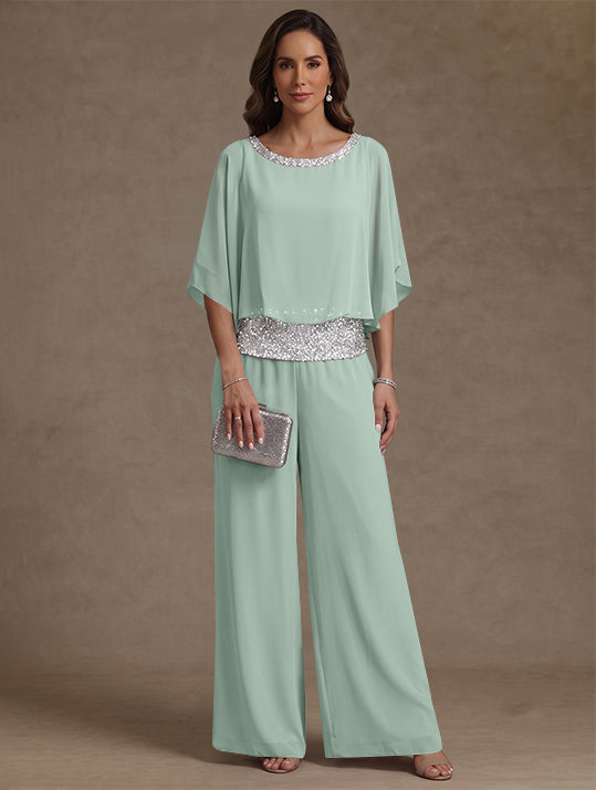 2 Pieces Chiffon Scoop Mother of the Bride Pantsuits Floor-Length Sequins 3/4 Sleeves