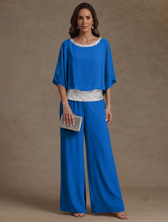 2 Pieces Chiffon Scoop Mother of the Bride Pantsuits Floor-Length Sequins 3/4 Sleeves