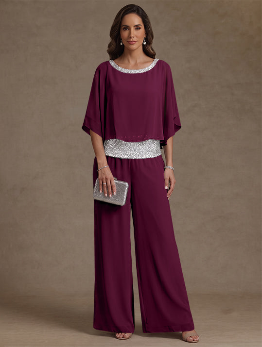 2 Pieces Chiffon Scoop Mother of the Bride Pantsuits Floor-Length Sequins 3/4 Sleeves