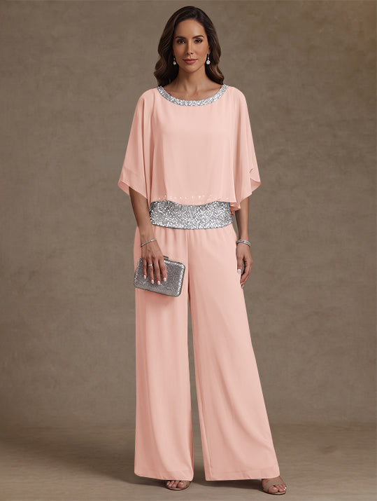 2 Pieces Chiffon Scoop Mother of the Bride Pantsuits Floor-Length Sequins 3/4 Sleeves
