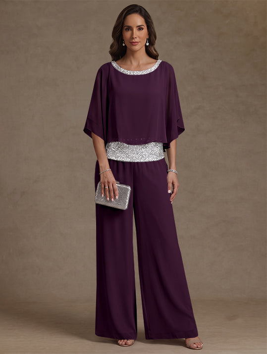 2 Pieces Chiffon Scoop Mother of the Bride Pantsuits Floor-Length Sequins 3/4 Sleeves