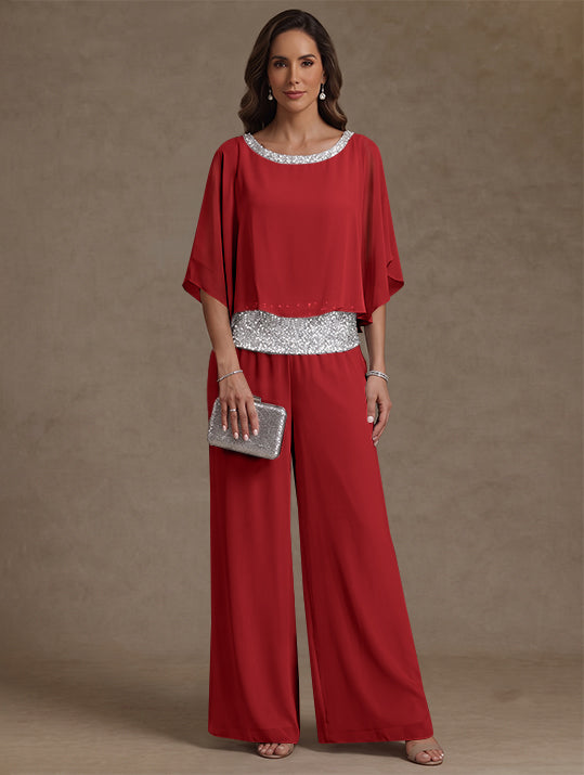 2 Pieces Chiffon Scoop Mother of the Bride Pantsuits Floor-Length Sequins 3/4 Sleeves