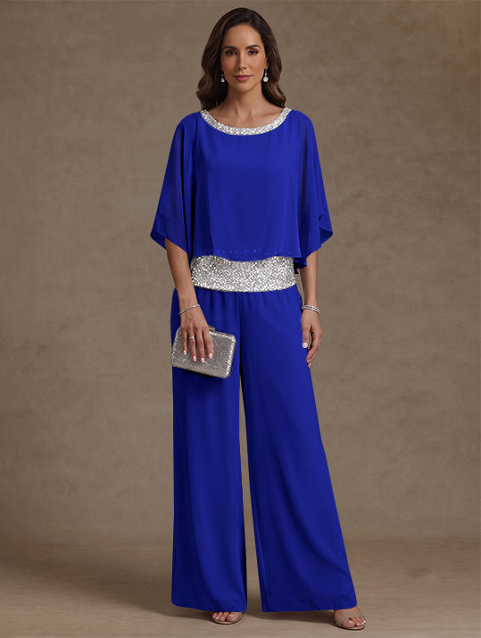 2 Pieces Chiffon Scoop Mother of the Bride Pantsuits Floor-Length Sequins 3/4 Sleeves