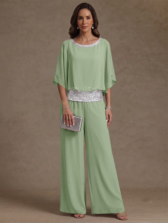 2 Pieces Chiffon Scoop Mother of the Bride Pantsuits Floor-Length Sequins 3/4 Sleeves