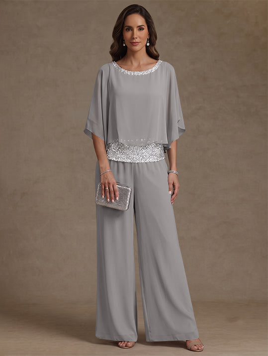 2 Pieces Chiffon Scoop Mother of the Bride Pantsuits Floor-Length Sequins 3/4 Sleeves