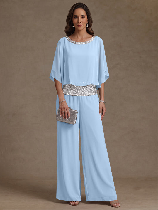 2 Pieces Chiffon Scoop Mother of the Bride Pantsuits Floor-Length Sequins 3/4 Sleeves