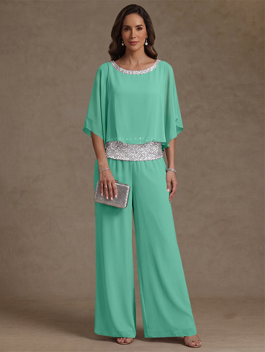 2 Pieces Chiffon Scoop Mother of the Bride Pantsuits Floor-Length Sequins 3/4 Sleeves