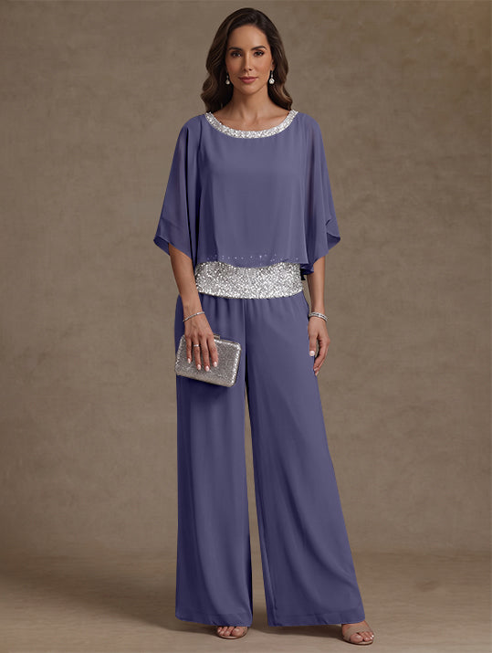 2 Pieces Chiffon Scoop Mother of the Bride Pantsuits Floor-Length Sequins 3/4 Sleeves