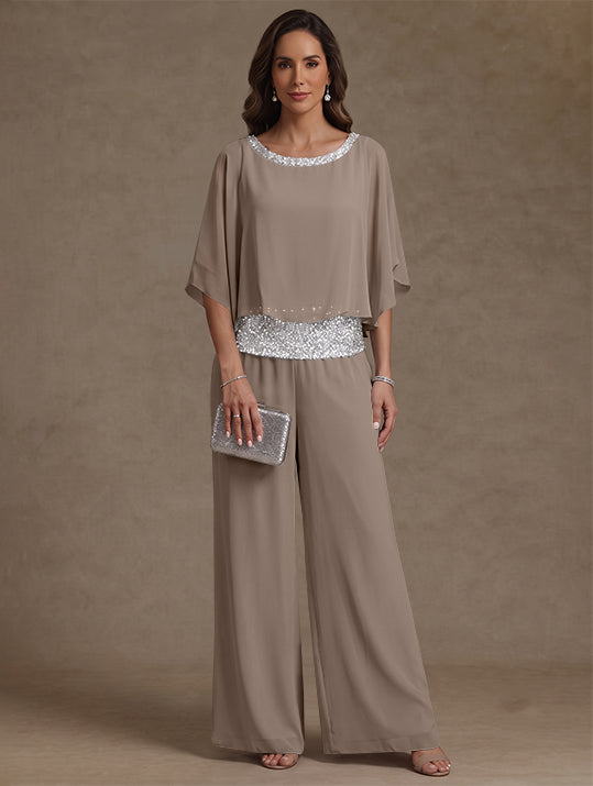 2 Pieces Chiffon Scoop Mother of the Bride Pantsuits Floor-Length Sequins 3/4 Sleeves
