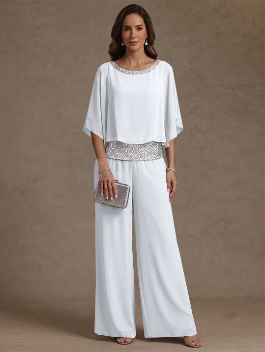 2 Pieces Chiffon Scoop Mother of the Bride Pantsuits Floor-Length Sequins 3/4 Sleeves
