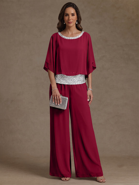 2 Pieces Chiffon Scoop Mother of the Bride Pantsuits Floor-Length Sequins 3/4 Sleeves
