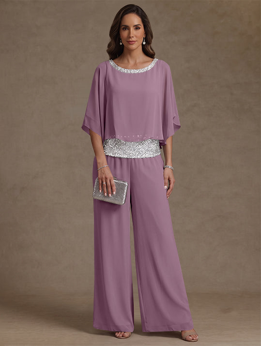 2 Pieces Chiffon Scoop Mother of the Bride Pantsuits Floor-Length Sequins 3/4 Sleeves