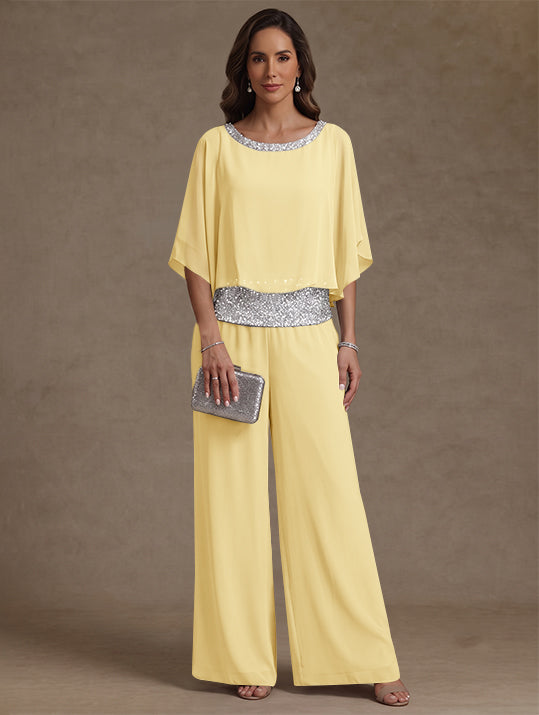 2 Pieces Chiffon Scoop Mother of the Bride Pantsuits Floor-Length Sequins 3/4 Sleeves