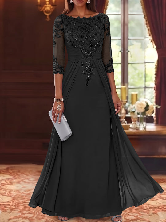 A-Line/Princess Scoop Chiffon Mother of the Bride Dresses with Overskirt Lace Sequins 3/4 Sleeves Floor-Length
