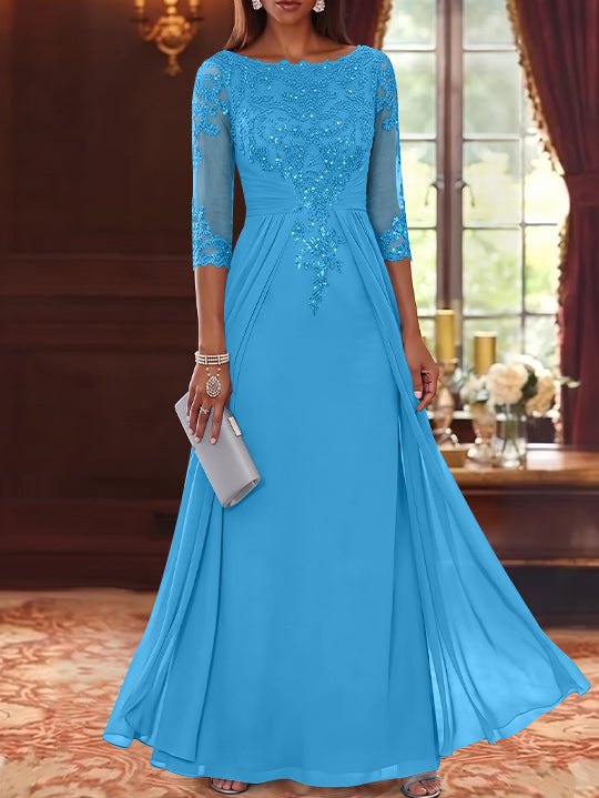 A-Line/Princess Scoop Chiffon Mother of the Bride Dresses with Overskirt Lace Sequins 3/4 Sleeves Floor-Length