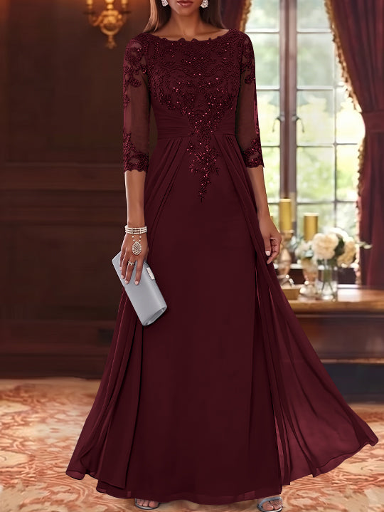 A-Line/Princess Scoop Chiffon Mother of the Bride Dresses with Overskirt Lace Sequins 3/4 Sleeves Floor-Length