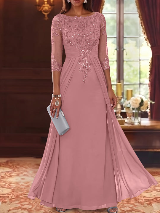 A-Line/Princess Scoop Chiffon Mother of the Bride Dresses with Overskirt Lace Sequins 3/4 Sleeves Floor-Length