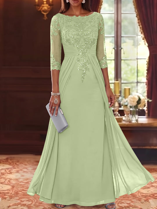 A-Line/Princess Scoop Chiffon Mother of the Bride Dresses with Overskirt Lace Sequins 3/4 Sleeves Floor-Length