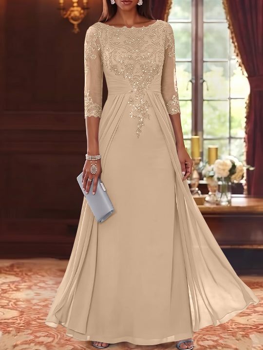 A-Line/Princess Scoop Chiffon Mother of the Bride Dresses with Overskirt Lace Sequins 3/4 Sleeves Floor-Length