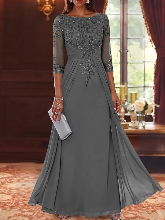 A-Line/Princess Scoop Chiffon Mother of the Bride Dresses with Overskirt Lace Sequins 3/4 Sleeves Floor-Length