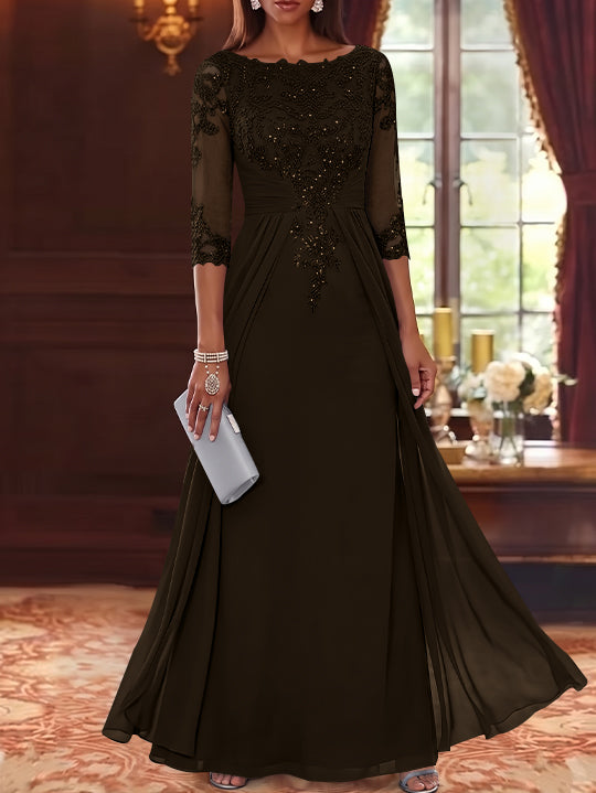 A-Line/Princess Scoop Chiffon Mother of the Bride Dresses with Overskirt Lace Sequins 3/4 Sleeves Floor-Length
