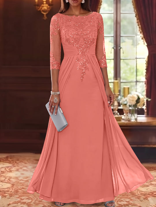 A-Line/Princess Scoop Chiffon Mother of the Bride Dresses with Overskirt Lace Sequins 3/4 Sleeves Floor-Length