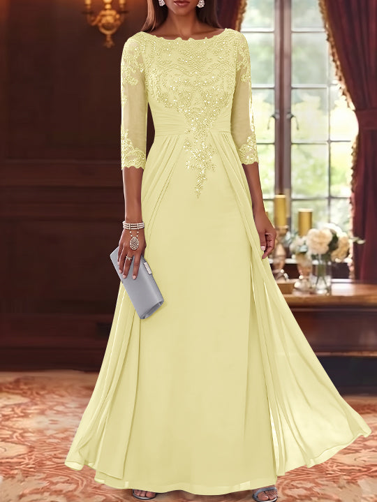 A-Line/Princess Scoop Chiffon Mother of the Bride Dresses with Overskirt Lace Sequins 3/4 Sleeves Floor-Length