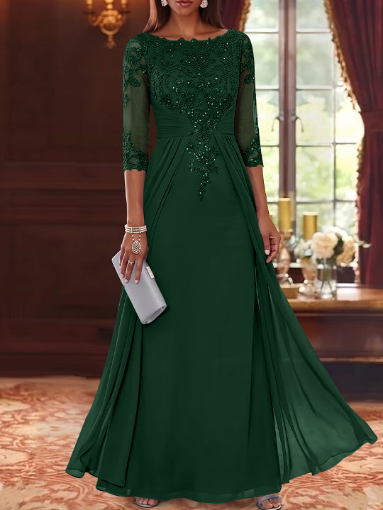 A-Line/Princess Scoop Chiffon Mother of the Bride Dresses with Overskirt Lace Sequins 3/4 Sleeves Floor-Length