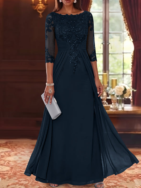 A-Line/Princess Scoop Chiffon Mother of the Bride Dresses with Overskirt Lace Sequins 3/4 Sleeves Floor-Length