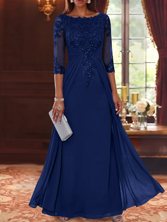 A-Line/Princess Scoop Chiffon Mother of the Bride Dresses with Overskirt Lace Sequins 3/4 Sleeves Floor-Length
