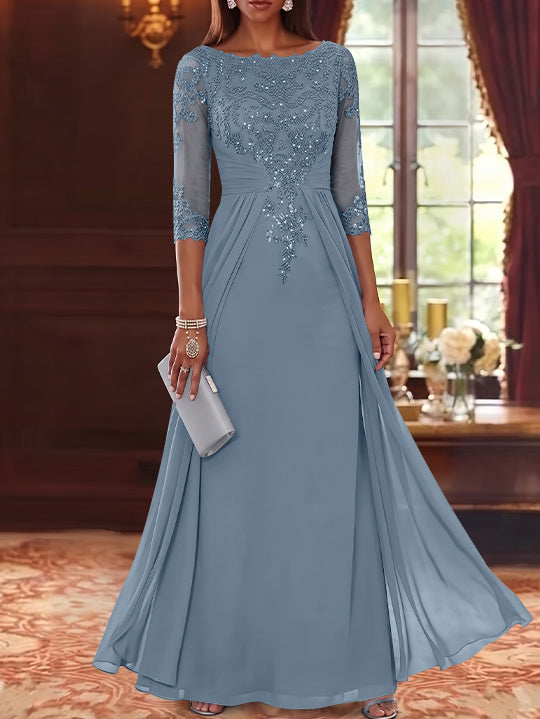A-Line/Princess Scoop Chiffon Mother of the Bride Dresses with Overskirt Lace Sequins 3/4 Sleeves Floor-Length