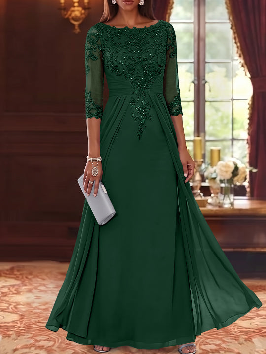 A-Line/Princess Scoop Chiffon Mother of the Bride Dresses with Overskirt Lace Sequins 3/4 Sleeves Floor-Length