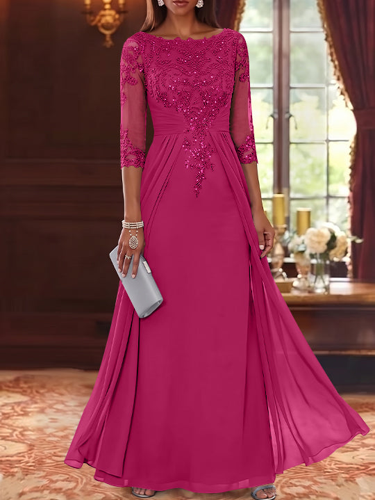 A-Line/Princess Scoop Chiffon Mother of the Bride Dresses with Overskirt Lace Sequins 3/4 Sleeves Floor-Length