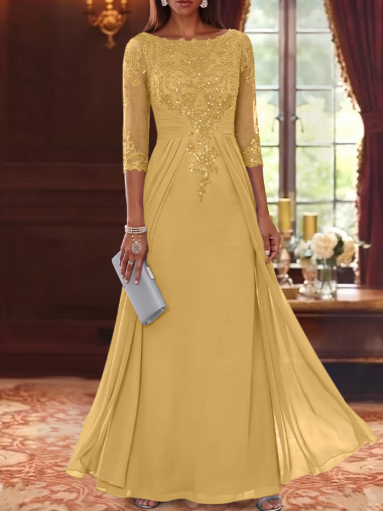 A-Line/Princess Scoop Chiffon Mother of the Bride Dresses with Overskirt Lace Sequins 3/4 Sleeves Floor-Length