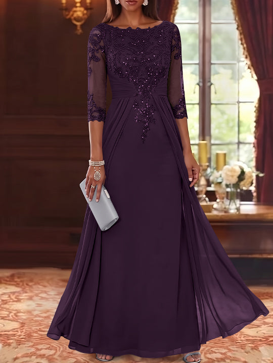 A-Line/Princess Scoop Chiffon Mother of the Bride Dresses with Overskirt Lace Sequins 3/4 Sleeves Floor-Length