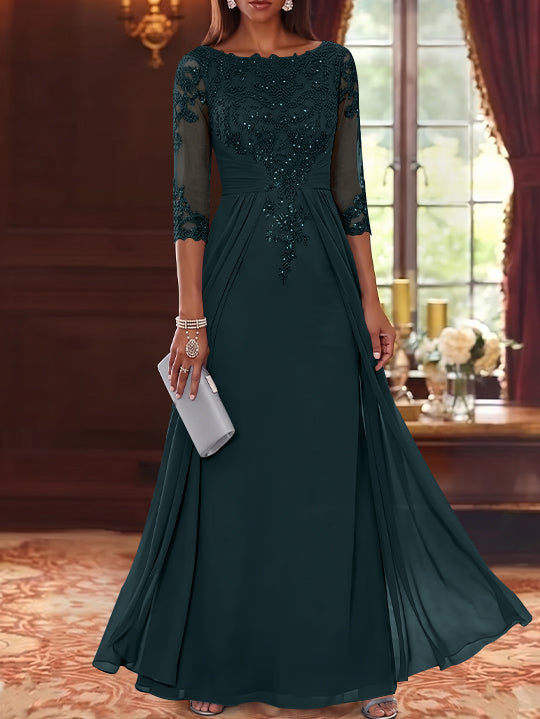 A-Line/Princess Scoop Chiffon Mother of the Bride Dresses with Overskirt Lace Sequins 3/4 Sleeves Floor-Length
