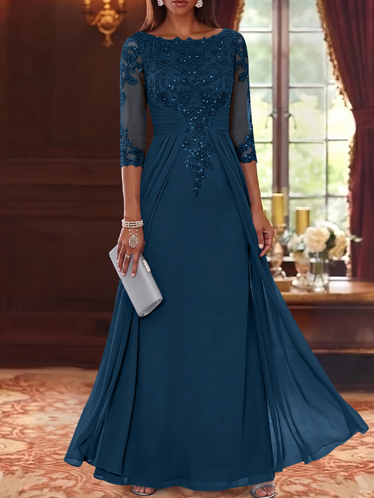A-Line/Princess Scoop Chiffon Mother of the Bride Dresses with Overskirt Lace Sequins 3/4 Sleeves Floor-Length