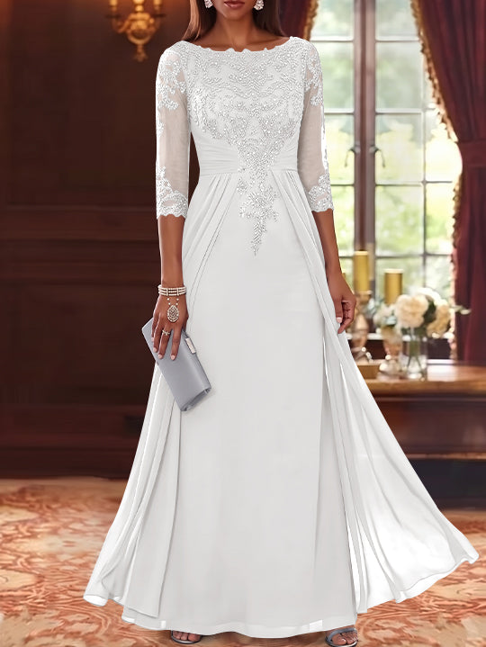A-Line/Princess Scoop Chiffon Mother of the Bride Dresses with Overskirt Lace Sequins 3/4 Sleeves Floor-Length
