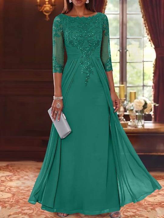 A-Line/Princess Scoop Chiffon Mother of the Bride Dresses with Overskirt Lace Sequins 3/4 Sleeves Floor-Length