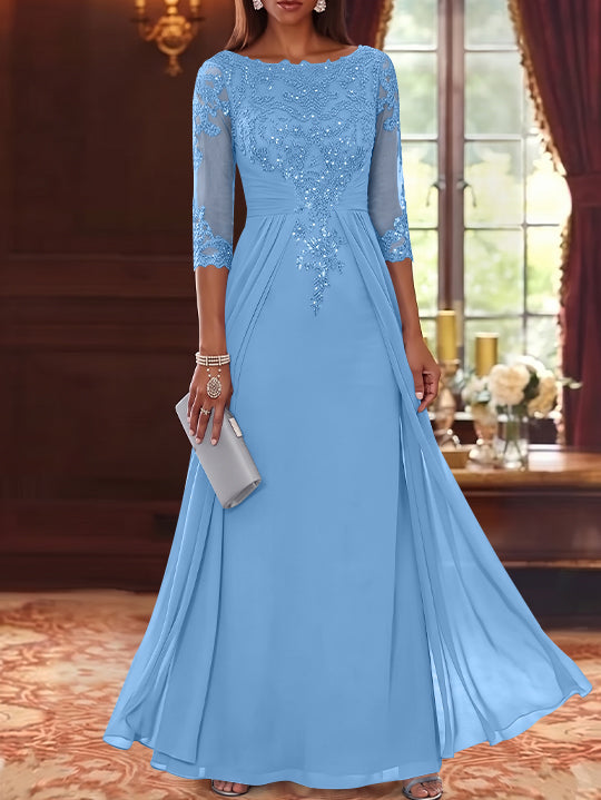 A-Line/Princess Scoop Chiffon Mother of the Bride Dresses with Overskirt Lace Sequins 3/4 Sleeves Floor-Length