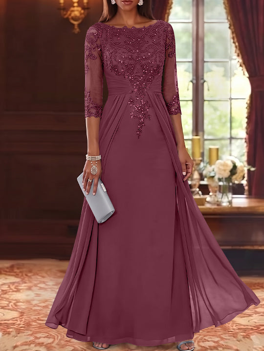 A-Line/Princess Scoop Chiffon Mother of the Bride Dresses with Overskirt Lace Sequins 3/4 Sleeves Floor-Length