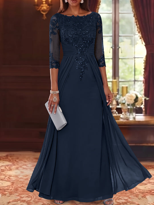 A-Line/Princess Scoop Chiffon Mother of the Bride Dresses with Overskirt Lace Sequins 3/4 Sleeves Floor-Length